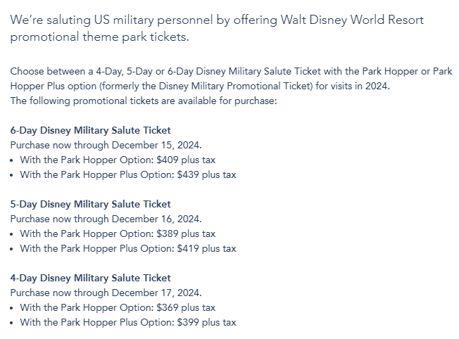 Walt Disney World reveals Military Salute Ticket details